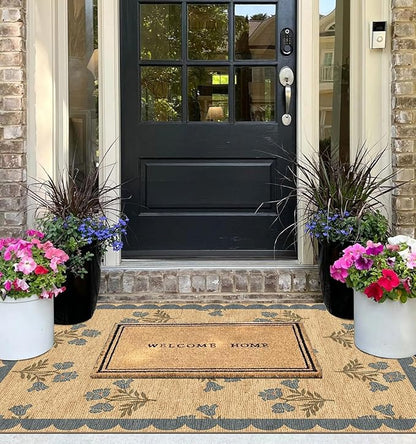 3x5 Floral Entry Rug - Small Washable Indoor Outdoor Mats for Front Door Non-Slip Jute-Look Porch Rug Boho Blue Scalloped Throw Rugs for Living Room Bedroom Entryway Kitchen Office Porch Decor