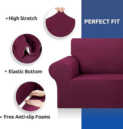 KEKUOU Stretch Oversized Sofa Slipcover 1 Piece Couch Sofa Cover (94"-110") Furniture Protector 4 Seater Sofa with Elastic Bottom for Kids,Pet.Jacquard Checked Pattern Fabric(X Large,Wine)