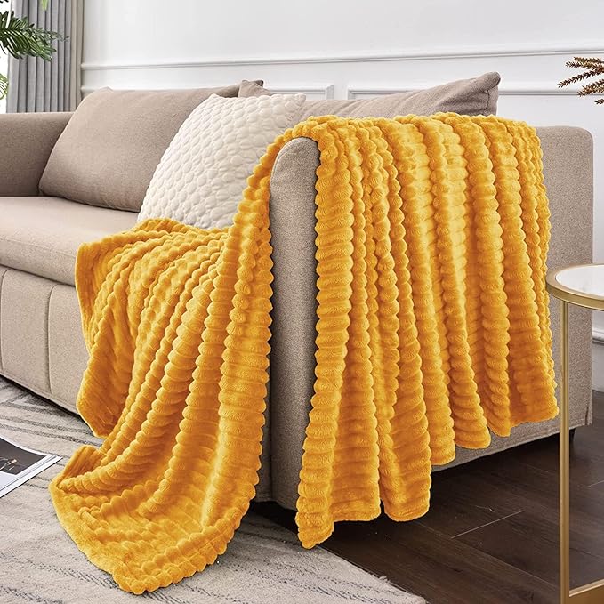 BEDELITE Fleece Blanket - 3D Ribbed Jacquard Decorative Yellow Throw Blanket for Couch & Bed, Lightweight Warm Cozy Soft Fuzzy Blankets All Seasons Suitable 50x60 inches