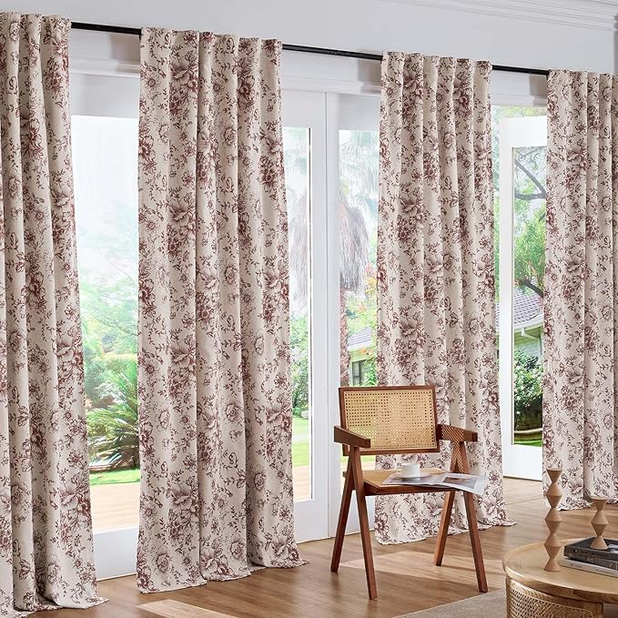 jinchan Blackout Floral Curtains for Living Room Bedroom Linen Blend Curtain Farmhouse Brick Red Printed with Lined Back Tab Rod Pocket Drapes Window Treatments 2 Panels 90 Inch