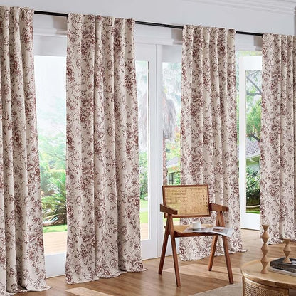jinchan Blackout Floral Curtains for Living Room Bedroom Linen Blend Curtain Farmhouse Brick Red Printed with Lined Back Tab Rod Pocket Drapes Window Treatments 2 Panels 90 Inch