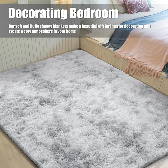 Shag Area Rug for Bedroom 4x6,Fluffy Area Rugs for Living Room,Soft Fuzzy Rug Non-Shedding Indoor Plush Carpet for Kids Bedroom Nursery Dorm Home Decor,Tie-Dyed Grey