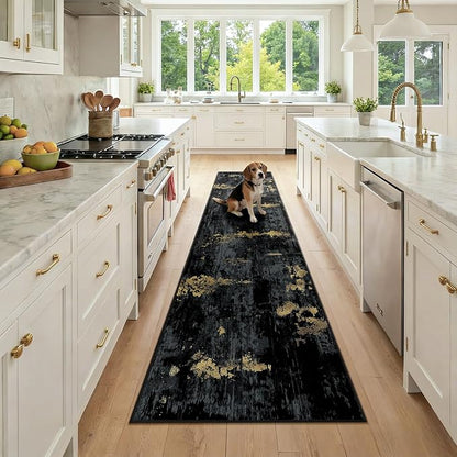 Washable Area Rugs 2x9 Non-Slip Modern Abstract Soft for Living Room Entryway Bedroom Nursery, Print Pattern, Dark Black Gold