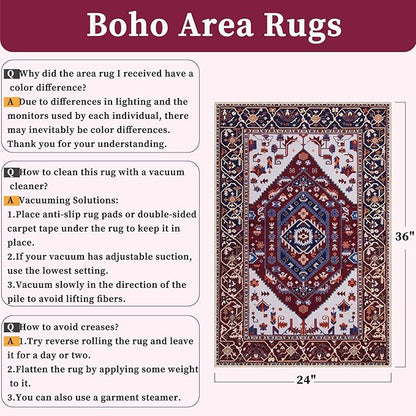 SERISSA Boho Rugs for Entryway, 2x3 Washable Non-Slip Rug Small Area Rug, Ultra Soft Oriental Vintage Burgundy Navy Low-Pile Indoor Door Mat Floor Carpet for Entrance Bedroom Kitchen Bathroom