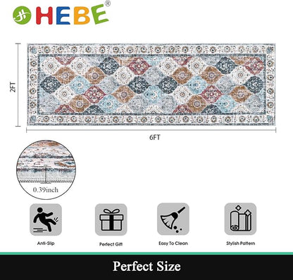 HEBE Hallway Runner Rug 2'x6' Washable Vintage Distressed Area Rugs Non Slip Laundry Rug Runner Boho Floor Carpet Runners for Hallways Entryway Laundry Room Kitchen Bathroom