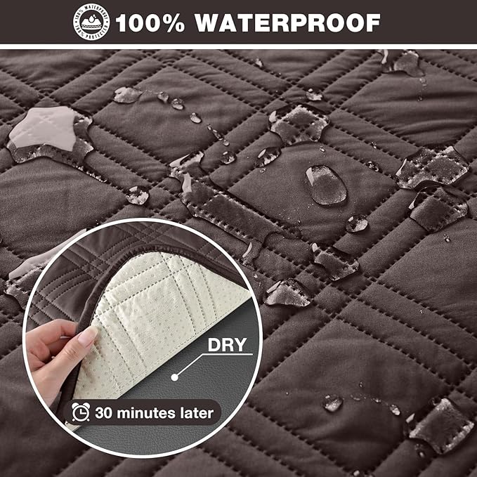 TAOCOCO 100% Waterproof Loveseat Recliner Cover, Non Slip Split Loveseat Covers for Reclining Sofa with Elastic Straps, Washable Recliner Chair/Furniture Protector for Pets(2 Seater, Chocolate)
