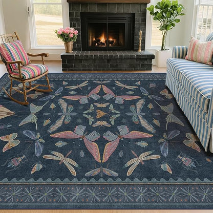Blue 5x8 Washable Living Room Rugs - Stain Resistant Non Slip Insect Rug for Dining Room, Low Pile & Soft Carpet for Bedroom, Dark Vintage Décor Indoor, Non Skid with Rubber Backing