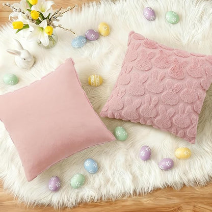 decorUhome Easter Bunny Pillow Covers 16x16 Inch Set of 2, Soft Plush Faux Wool Jacquard Pink Rabbit Cushion Covers, Farmhouse Neutral Spring Easter Holiday Decor for Couch Sofa Bed