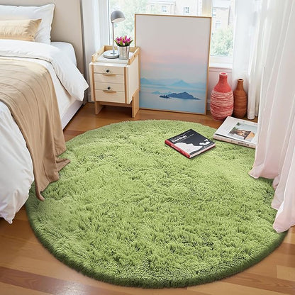 OLANLY Grass Green Round Rugs for Bedroom - Machine Washable, 7 ft Circle Area Rugs for Living Room, Soft and Fluffy Shaggy Carpet for Teen Girls and Boys, Nursery Rooms, Dorms, Home Decor Aesthetic