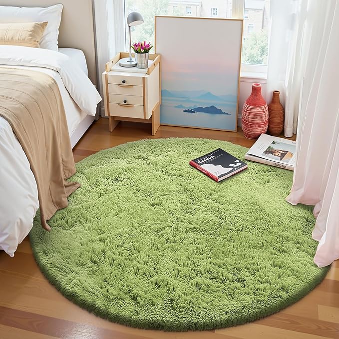 OLANLY Grass Green Round Rugs for Bedroom - Machine Washable, 6 ft Circle Area Rugs for Living Room, Soft and Fluffy Shaggy Carpet for Teen Girls and Boys, Nursery Rooms, Dorms, Home Decor Aesthetic