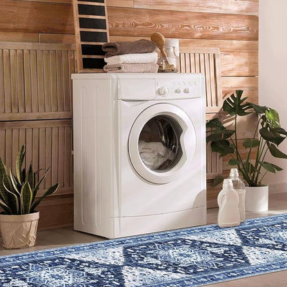 Yamaziot Washable Runner Rug, 2x8 Non-Slip Boho Vintage Hallway Rug Runner with Rubber Backing, Stain Resistant & Low Pile Faux Wool Distressed Carpet Runner for Bedroom, Kitchen, Laundry, Entrance