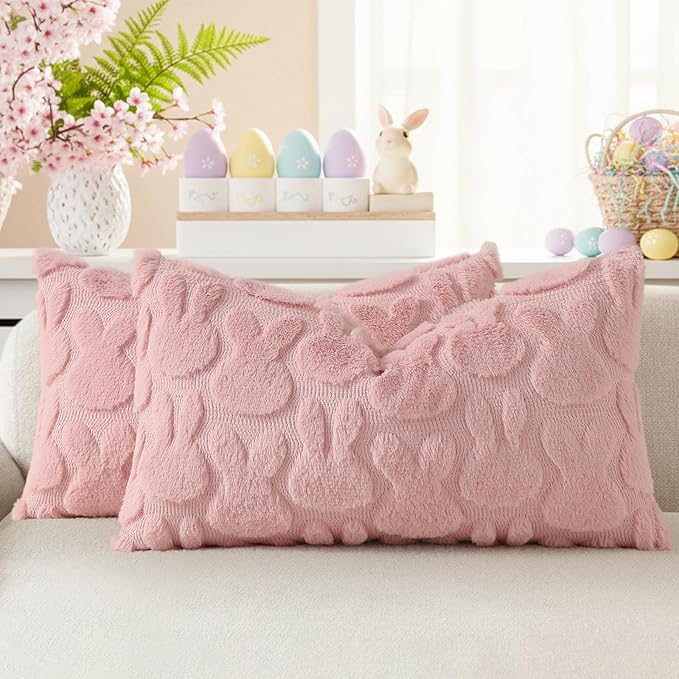 decorUhome Easter Bunny Pillow Covers 12x20 Inch Set of 2, Soft Plush Faux Wool Jacquard Pink Rabbit Cushion Covers, Farmhouse Neutral Spring Easter Holiday Decor for Couch Sofa Bed