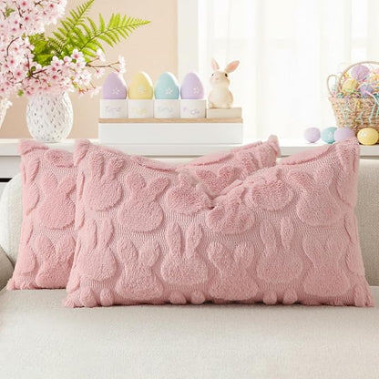 decorUhome Easter Bunny Pillow Covers 12x20 Inch Set of 2, Soft Plush Faux Wool Jacquard Pink Rabbit Cushion Covers, Farmhouse Neutral Spring Easter Holiday Decor for Couch Sofa Bed