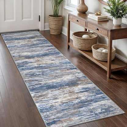 KOZYFLY Modern Abstract Hallway Runner Rug, 2x8 Kitchen Rugs Non-Slip Washable Soft Striped Runner Rugs, Print Blue Rust Carpet Runner for Entryway Bathroom Laundry Room Foyer