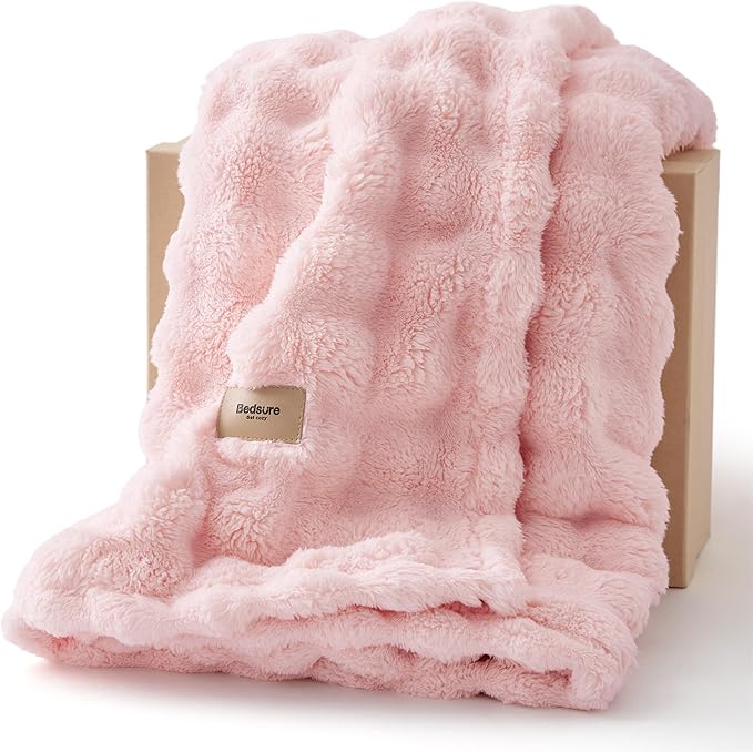 Bedsure 3D Fleece Bubble Blanket for Couch - GentleSoft Pink Twin Blanket for Sofa Bed Room Decor - Luxury Soft Cozy Gifts for Kids Girls, Lightweight, All Seasons, Pink, 60"×80"