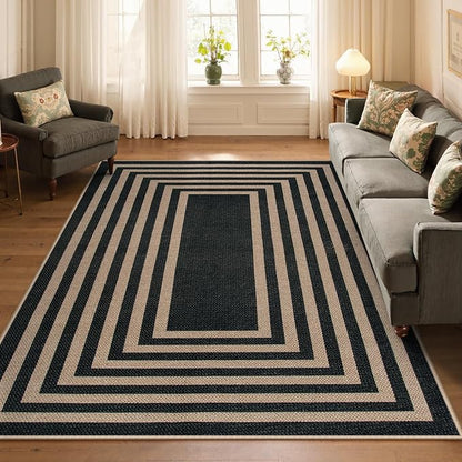 Lahome Enfys Modern Geometric Easy Jute Outdoor Rug, 5x7 Patio Living Room Rug Large Black Carpet for Bedroom, Farmhouse Washable Indoor Outdoor Carpet for Dining Room Backyard Deck