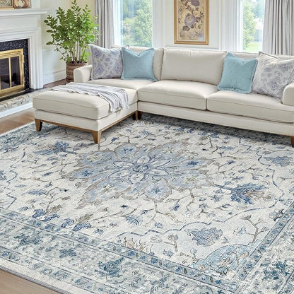Area Rugs 7'x9' Washable Non-Slip, Floral Vintage Distress Print Pattern Medallion Carpet for Living Room Bedroom Dining Room, Light Blue Navy Beige Gray White
