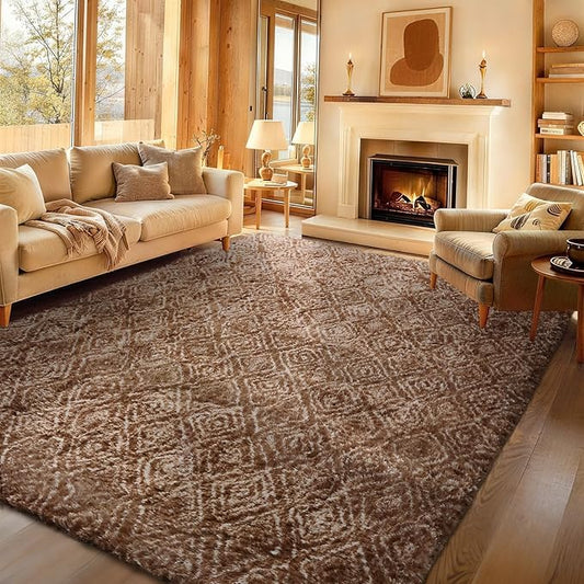 Ophanie Brown and White Diamond Striped Rugs for Living Room 9x12, Fluffy Shag Large Fuzzy Plush Soft Carpets, Shaggy Rugs for Bedroom, Carpet for Kids Boys Girls Dorm Nursery Home Decor Aesthetic