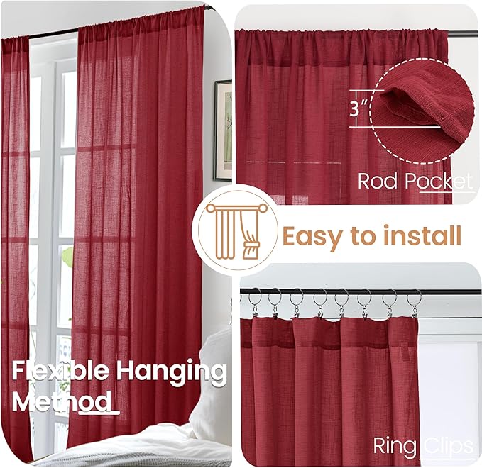 BGment Burgundy Linen Kitchen Curtains for Window Over Sink, Short Semi Sheer Drapes for Bathroom Cafe Over Sink with Rod Pocket Lightweight, 2 Panels Set, Each 30 Inch Wide