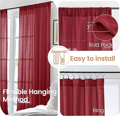 BGment Burgundy Curtains for Living Room 84 Inches Long 2 Panels Set, Linen Window Drapes Semi Sheer Light Filtering with Rod Pocket for Bedroom Dining Decor Lightweight, 52 X 84 Inch