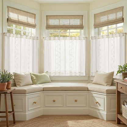jinchan Belrose Linen Floral Kitchen Curtains 36 inch Length Embroidered Farmhouse Cafe Curtains for Living Room Bathroom Small Windows Curtain Set Sheer Light Filtering 2 Panels White