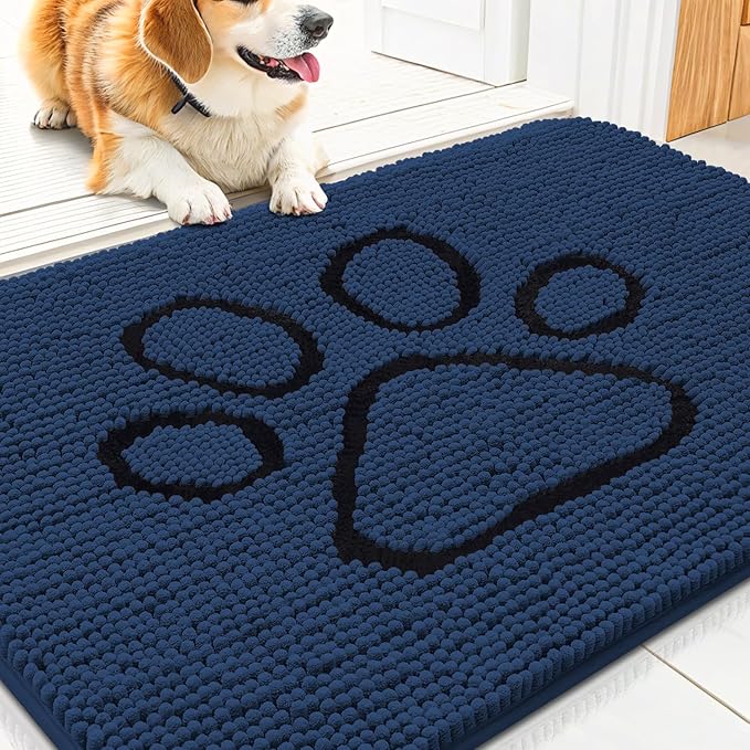 Smiry Dog Door Mat for Muddy Paws, Absorbent Dirt Trapper Non Slip Quick Dry Washable Chenille Mat for Mud Dogs, Entry Rug for Indoor and Outdoor (30x20 Inches, Dark Blue and Black)