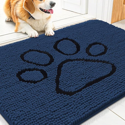 Smiry Dog Door Mat for Muddy Paws, Absorbent Dirt Trapper Non Slip Quick Dry Washable Chenille Mat for Mud Dogs, Entry Rug for Indoor and Outdoor (30x20 Inches, Dark Blue and Black)