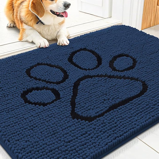 Smiry Dog Door Mat for Muddy Paws, Absorbent Dirt Trapper Non Slip Quick Dry Washable Chenille Mat for Mud Dogs, Entry Rug for Indoor and Outdoor (30x20 Inches, Dark Blue and Black)