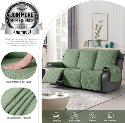 TAOCOCO 100% Waterproof Recliner Sofa Cover, Non Slip Split Couch Covers for Reclining Couches with Elastic Strap, Washable Reclining Sofa Cover Furniture Protector for Kids Pets(3 Seater, Bean Green)