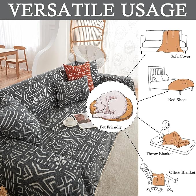 HANDONTIME Black White Boho Sofa Cover Boho Geometric Couch Covers Tassel Farmhouse Dog Sofa Covers for Slipcover Aesthetic Couch Cushion Cover Couch Protector for Dogs Living Room Décor, 71" X150"