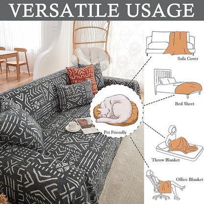 HANDONTIME Black White Boho Sofa Cover Boho Geometric Couch Covers Tassel Farmhouse Dog Sofa Covers for Slipcover Aesthetic Couch Cushion Cover Couch Protector for Dogs Living Room Décor, 71" X150"