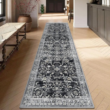 Yamaziot Washable Runner Rug 2x10 – Non Slip Boho Floral Hallway Runner Rug with Rubber Backing, Low Pile Faux Wool Distressed Carpet for Kitchen, Laundry, Bedroom, Entrance, Navy/Black