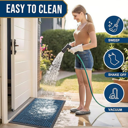 Smiry Front Door Mat Outside Entrance, Heavy Duty Sturdy Natural Rubber Doormat, Trap Dirt and Moisture, Easy Clean Low Profile Mats for Indoor Outdoor Entry, Irregular Triangle (29.5x17, Mixed Blue)
