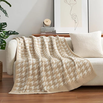 Snuggle Sac Throw Blanket for Couch, Reversible Super Soft Warm Blankets Cozy Knit Fuzzy Plush Lightweight Throws for Sofa, Bed, Camping,Houndstooth Beige,50x60 inches