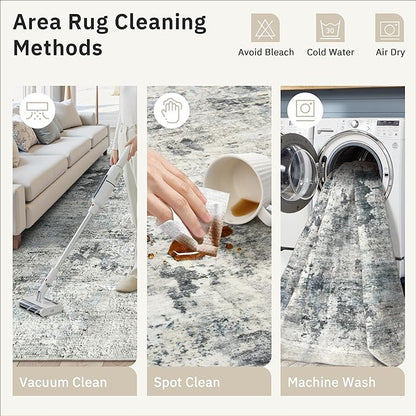 Abstract Rug 8x10 Large Living Room Rugs Neutral Modern Washable Area Rugs for Bedroom Dining Room Non-Slip Stain Resistant Foldable Thin Rug Gray Blue