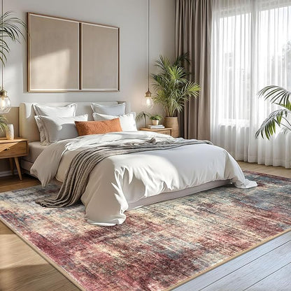 IOHOUZE Abstract Area Rugs 8x10 Ft Washable Large Rugs for Living Room, Non Slip Dining Room Rug, Printed Faux Wool Rugs for Bedroom, Floor Carpet for Office Nursery Playroom, Red/Multi