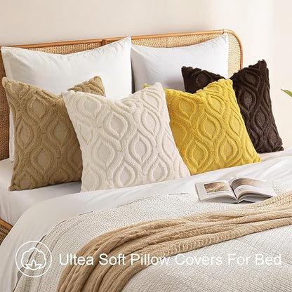 decorUhome Summer Throw Pillow Covers 16x16 Inch Set of 2, Soft Plush Faux Wool Mustard Yellow Solid Couch Pillow Covers, Accent Farmhouse Neutral Square Pillow Cases for Sofa Bed Living Room
