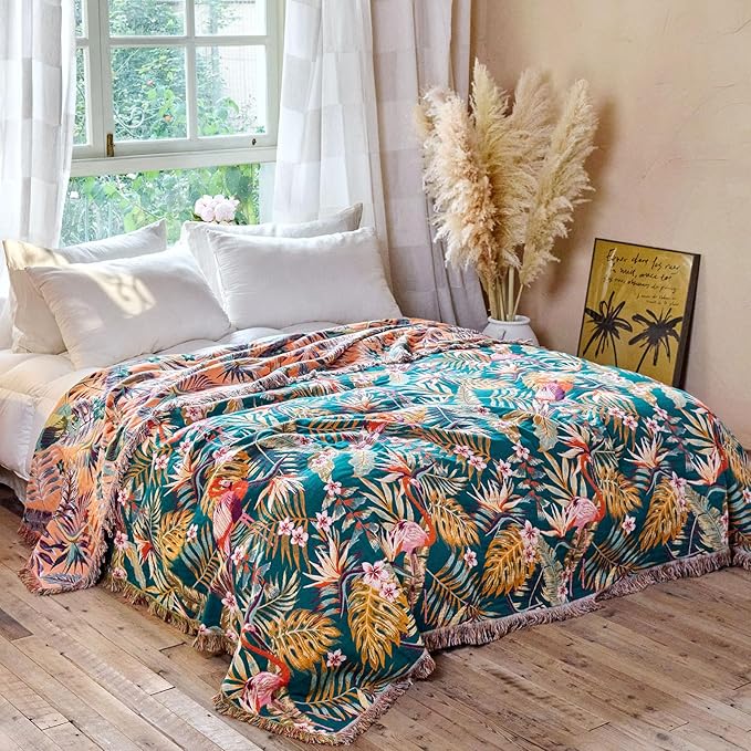 MSGKV Boho Throw Blanket for Couch 50"x60" 100% Cotton Jungle Animal Blanket Spring Breathable Lightweight Blankets for Sofa Home Decor Muslin All Seasons