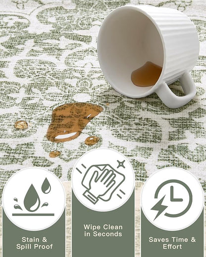 Madane 9x12 Area Rugs for Living Room, Machine Washable Vintage Green Rug with Non-Slip Backing, Soft Throw Large Rug, Thin Carpet for Bedroom Dining Room Farmhouse Under Table, Green/Ivory