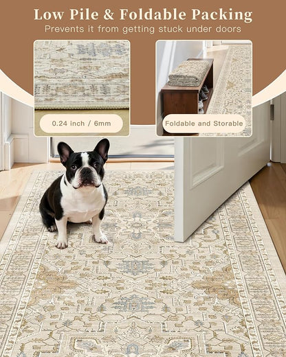 Madane Hallway Runner Rug 3x18 - Kitchen Rugs 18ft Washable Entryway Rug Vintage Kitchen Runners Non Slip Indoor Area Rug Farmhouse Carpet Runner for Bathroom Living Room Bedroom, Beige/Blue