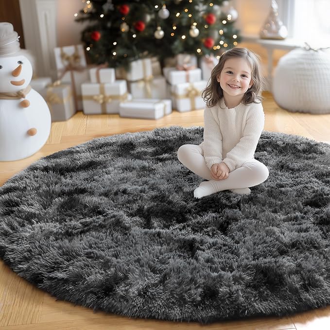 Amdrebio Tie-Dyed Dark Grey Round Rugs for Living Room, 8x8 Rug, Extra Large Circle Area Rug for Bedroom, Big Shag Fluffy Plush Carpet for Mens Home, Modern Cool Circular Rug, Soft Cozy Thick Rugs