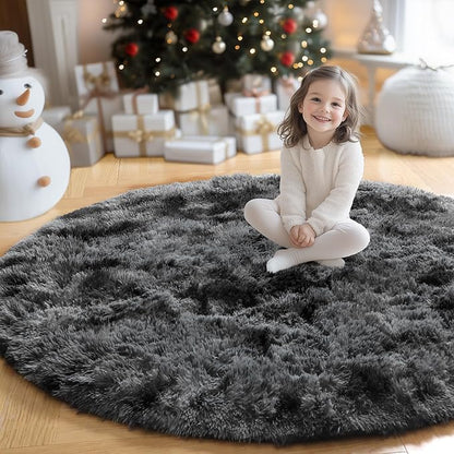 Amdrebio Tie-Dyed Dark Grey Round Rugs for Living Room, 8x8 Rug, Extra Large Circle Area Rug for Bedroom, Big Shag Fluffy Plush Carpet for Mens Home, Modern Cool Circular Rug, Soft Cozy Thick Rugs
