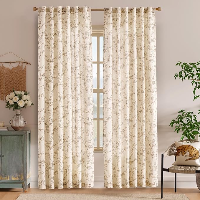 Lazzzy Taupe Floral Linen Curtains 84 Inch Farmhouse Curtain Back Tab Drapes for Living Room Bedroom Light Filtering Vintage Rod Pocket Curtains for Home, 2 Panels, Taupe on Beige