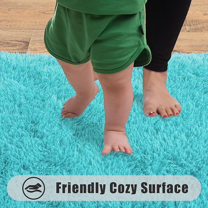 Soft Runner Rugs for Bedroom Hallways, 2x4 Teal Blue Fluffy Shag Throw Area Rug Non Slip for Bedside Dorm, Long Shaggy Furry Carpet for Nursery Living Room