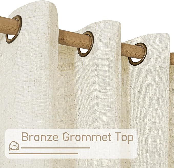 LAMIT Natural Linen Curtains for Living Room 2 Panels Set, 80 Inch Faux Linen Textured Light Filtering Drapes Bronze Grommet Boho Panels for Farmhouse/Bedroom/Porch, 52 x 80 Inch