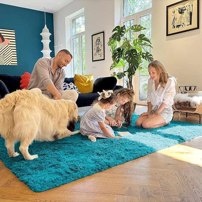 OLANLY 9x12 Machine Washable Large Area Rugs for Living Room, Bedroom, Soft Fluffy Shaggy Bedside Rug, Indoor Floor Carpet for Kids Girls and Boys, Dorms, Nursery, Home Decor Aesthetic, Teal