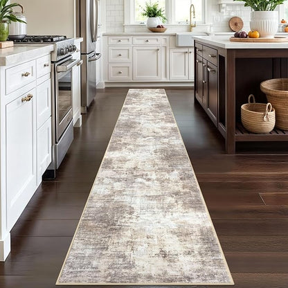 IOHOUZE Abstract Runner Rug 2x12 Ft Washable Runners for Hallways, Non Slip Kitchen Runner Printed Faux Wool Entryway Runner Indoor, Modern Abstract Floor Carpet for Hall Kitchen, Beige Brown