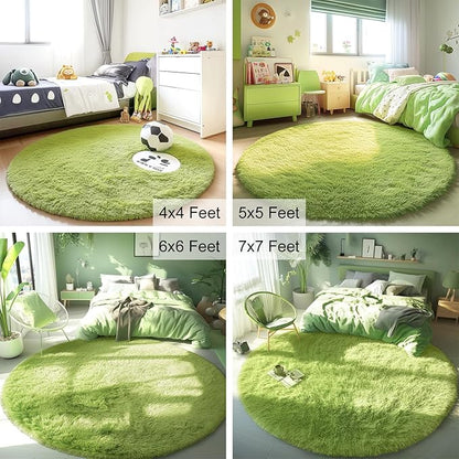 OLANLY Grass Green Round Rugs for Bedroom - Machine Washable, 7 ft Circle Area Rugs for Living Room, Soft and Fluffy Shaggy Carpet for Teen Girls and Boys, Nursery Rooms, Dorms, Home Decor Aesthetic