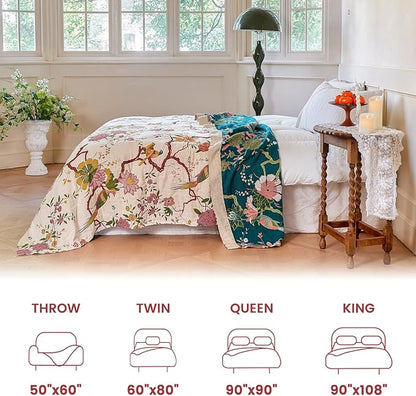MSGKV The Boho Layer: 50"x60" Cotton Throw Blanket – Lightweight & Reversible Chinoiserie Floral & Bird Pattern, Spring Decorative Accent for Couch Snuggles, Bed Layers & Road Trips