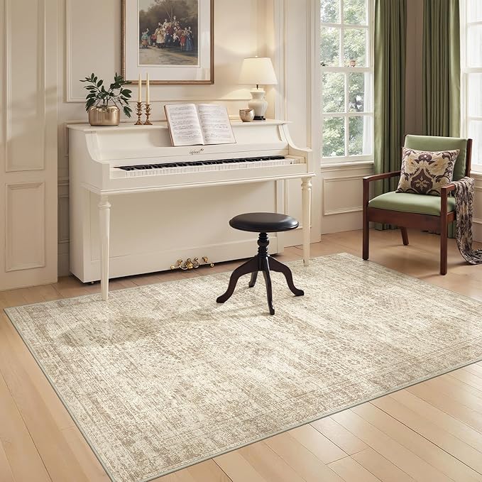 Area Rugs 4x6 for Living Room, Non-Slip Backing Small Kids Rugs for Bedroom, Vintage Abstract Rug Home Decor, Low Pile Soft Washable Rug for Kitchen, Dining Room (4'x6', Beige/Ivory)